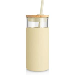 imageTronco 20 oz Glass Tumbler with Lid and Straw Iced Coffee Cup and Smoothie Cup with Bamboo Lids ampamp Protective Silicone Sleeve Dishwasher Safe BPAFree Glass Cup 1 PackGravel Ash