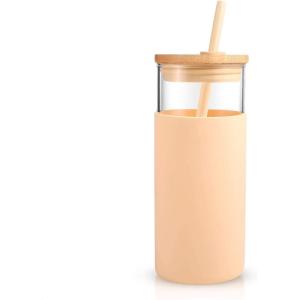imageTronco 20 oz Glass Tumbler with Lid and Straw Iced Coffee Cup and Smoothie Cup with Bamboo Lids ampamp Protective Silicone Sleeve Dishwasher Safe BPAFree Glass Cup 1 PackCreamBeige
