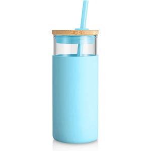 imageTronco 20 oz Glass Tumbler with Lid and Straw Iced Coffee Cup and Smoothie Cup with Bamboo Lids ampamp Protective Silicone Sleeve Dishwasher Safe BPAFree Glass Cup 1 PackCape Cod Blue