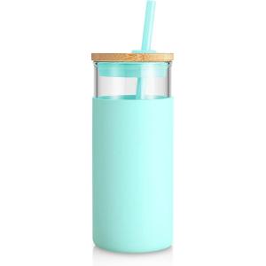 imageTronco 20 oz Glass Tumbler with Lid and Straw Iced Coffee Cup and Smoothie Cup with Bamboo Lids ampamp Protective Silicone Sleeve Dishwasher Safe BPAFree Glass Cup 1 PackBlessed Blue