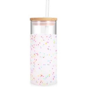 imageTronco 20 oz Glass Tumbler with Lid and Straw Iced Coffee Cup and Smoothie Cup with Bamboo Lids ampamp Protective Silicone Sleeve Dishwasher Safe BPAFree Glass Cup 1 PackColorful spots