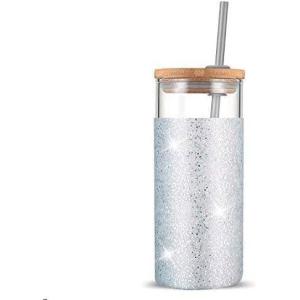 imageTronco 20 oz Glass Tumbler with Lid and Straw Iced Coffee Cup and Smoothie Cup with Bamboo Lids ampamp Protective Silicone Sleeve Dishwasher Safe BPAFree Glass Cup 1 PackSilver Dot