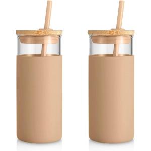 imageTronco 20 oz Glass Tumbler with Lid and Straw Iced Coffee Cup and Smoothie Cup with Bamboo Lids ampamp Protective Silicone Sleeve Dishwasher Safe BPAFree Glass Cup 1 PackAmber