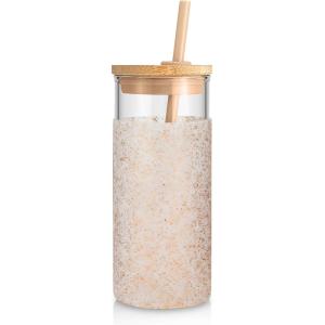 imageTronco 20 oz Glass Tumbler with Lid and Straw Iced Coffee Cup and Smoothie Cup with Bamboo Lids ampamp Protective Silicone Sleeve Dishwasher Safe BPAFree Glass Cup 1 PackDot Bronze