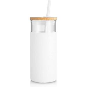 imageTronco 20 oz Glass Tumbler with Lid and Straw Iced Coffee Cup and Smoothie Cup with Bamboo Lids ampamp Protective Silicone Sleeve Dishwasher Safe BPAFree Glass Cup 1 PackWhite