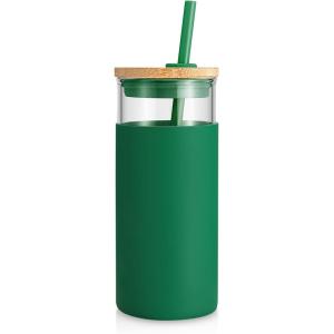 imageTronco 20 oz Glass Tumbler with Lid and Straw Iced Coffee Cup and Smoothie Cup with Bamboo Lids ampamp Protective Silicone Sleeve Dishwasher Safe BPAFree Glass Cup 1 PackBlackish Green