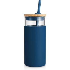imageTronco 20 oz Glass Tumbler with Lid and Straw Iced Coffee Cup and Smoothie Cup with Bamboo Lids ampamp Protective Silicone Sleeve Dishwasher Safe BPAFree Glass Cup 1 PackBlue Horizon
