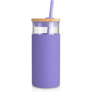 imageTronco 20 oz Glass Tumbler with Lid and Straw Iced Coffee Cup and Smoothie Cup with Bamboo Lids ampamp Protective Silicone Sleeve Dishwasher Safe BPAFree Glass Cup 1 PackLilac
