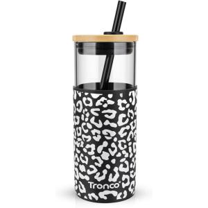 imageTronco 20 oz Glass Tumbler with Lid and Straw Iced Coffee Cup and Smoothie Cup with Bamboo Lids ampamp Protective Silicone Sleeve Dishwasher Safe BPAFree Glass Cup 1 PackBlack leopard