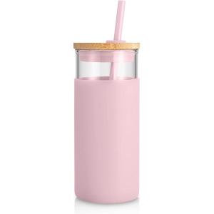 imageTronco 20 oz Glass Tumbler with Lid and Straw Iced Coffee Cup and Smoothie Cup with Bamboo Lids ampamp Protective Silicone Sleeve Dishwasher Safe BPAFree Glass Cup 1 PackPink