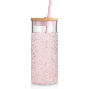 imageTronco 20 oz Glass Tumbler with Lid and Straw Iced Coffee Cup and Smoothie Cup with Bamboo Lids ampamp Protective Silicone Sleeve Dishwasher Safe BPAFree Glass Cup 1 PackDot Pink