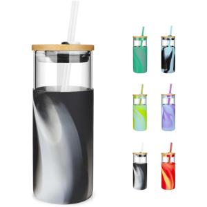 imageTronco 20 oz Glass Tumbler with Lid and Straw Iced Coffee Cup and Smoothie Cup with Bamboo Lids ampamp Protective Silicone Sleeve Dishwasher Safe BPAFree Glass Cup 1 PackBlack render