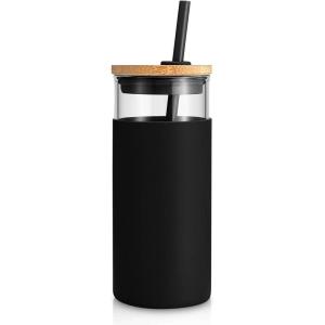 imageTronco 20 oz Glass Tumbler with Lid and Straw Iced Coffee Cup and Smoothie Cup with Bamboo Lids ampamp Protective Silicone Sleeve Dishwasher Safe BPAFree Glass Cup 1 PackBlack