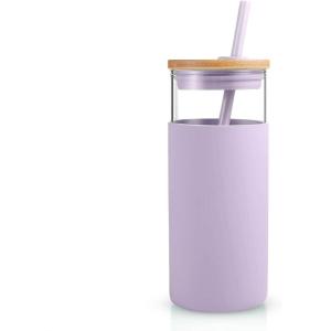 imageTronco 20 oz Glass Tumbler with Lid and Straw Iced Coffee Cup and Smoothie Cup with Bamboo Lids ampamp Protective Silicone Sleeve Dishwasher Safe BPAFree Glass Cup 1 PackLight Purple