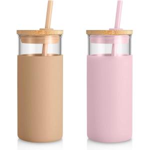 imageTronco 20 oz Glass Tumbler with Lid and Straw Iced Coffee Cup and Smoothie Cup with Bamboo Lids ampamp Protective Silicone Sleeve Dishwasher Safe BPAFree Glass Cup 1 PackPinkAmber