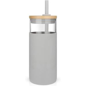 imageTronco 20 oz Glass Tumbler with Lid and Straw Iced Coffee Cup and Smoothie Cup with Bamboo Lids ampamp Protective Silicone Sleeve Dishwasher Safe BPAFree Glass Cup 1 PackFrench Grey