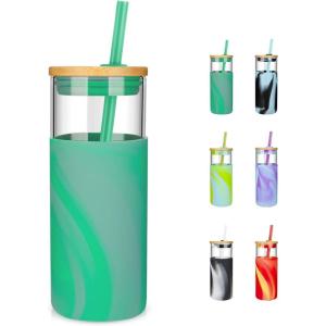 imageTronco 20 oz Glass Tumbler with Lid and Straw Iced Coffee Cup and Smoothie Cup with Bamboo Lids ampamp Protective Silicone Sleeve Dishwasher Safe BPAFree Glass Cup 1 PackGreyGreen