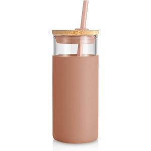 imageTronco 20 oz Glass Tumbler with Lid and Straw Iced Coffee Cup and Smoothie Cup with Bamboo Lids ampamp Protective Silicone Sleeve Dishwasher Safe BPAFree Glass Cup 1 PackCoffee