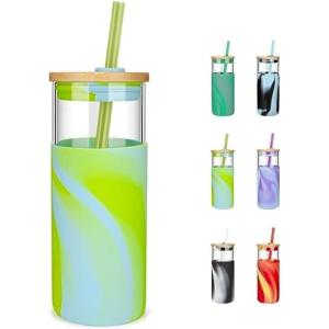 imageTronco 20 oz Glass Tumbler with Lid and Straw Iced Coffee Cup and Smoothie Cup with Bamboo Lids ampamp Protective Silicone Sleeve Dishwasher Safe BPAFree Glass Cup 1 PackBright Green