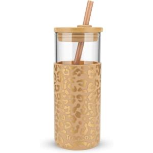 imageTronco 20 oz Glass Tumbler with Lid and Straw Iced Coffee Cup and Smoothie Cup with Bamboo Lids ampamp Protective Silicone Sleeve Dishwasher Safe BPAFree Glass Cup 1 PackAmber leopard