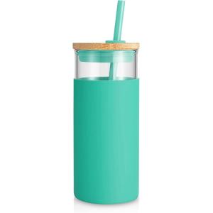 imageTronco 20 oz Glass Tumbler with Lid and Straw Iced Coffee Cup and Smoothie Cup with Bamboo Lids ampamp Protective Silicone Sleeve Dishwasher Safe BPAFree Glass Cup 1 PackGress