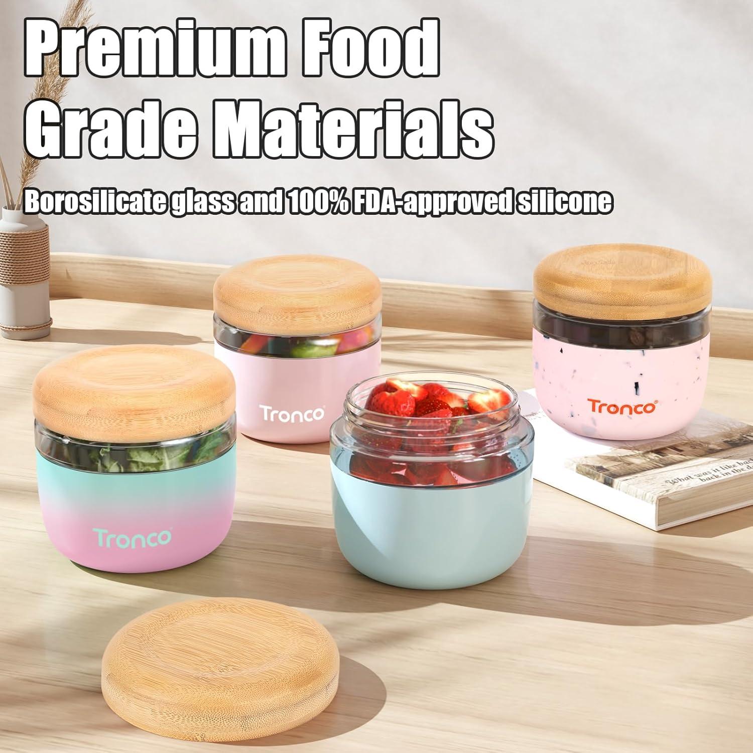 imageTronco 16 oz Glass Food Storage Containers with Lids Airtight Leak ampamp Spill Proof Glass Lunch Bowls for Meal Prep Salad Yogurt Soup ampamp Stew Microwave ampamp Dishwasher Safe BPAFree Set of 2PinkBamboo Lid