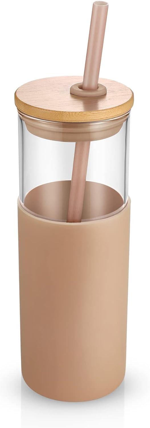 imageTronco 16 oz Glass Tumbler with Straw and Bamboo Lid Iced Coffee Cup Reusable Smoothie Cups Tumbler with Silicone Protective Sleeve  BPA FreeAmber