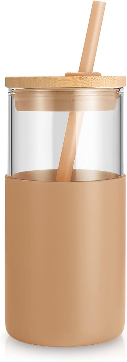 imageTronco 16 oz Glass Tumbler with Straw and Bamboo Lid Iced Coffee Cup Reusable Smoothie Cups Tumbler with Silicone Protective Sleeve  BPA FreeAmber