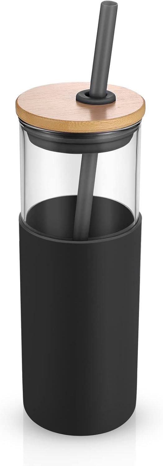 imageTronco 16 oz Glass Tumbler with Straw and Bamboo Lid Iced Coffee Cup Reusable Smoothie Cups Tumbler with Silicone Protective Sleeve  BPA FreeBlack