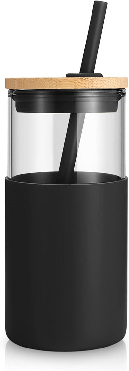 imageTronco 16 oz Glass Tumbler with Straw and Bamboo Lid Iced Coffee Cup Reusable Smoothie Cups Tumbler with Silicone Protective Sleeve  BPA FreeBlack