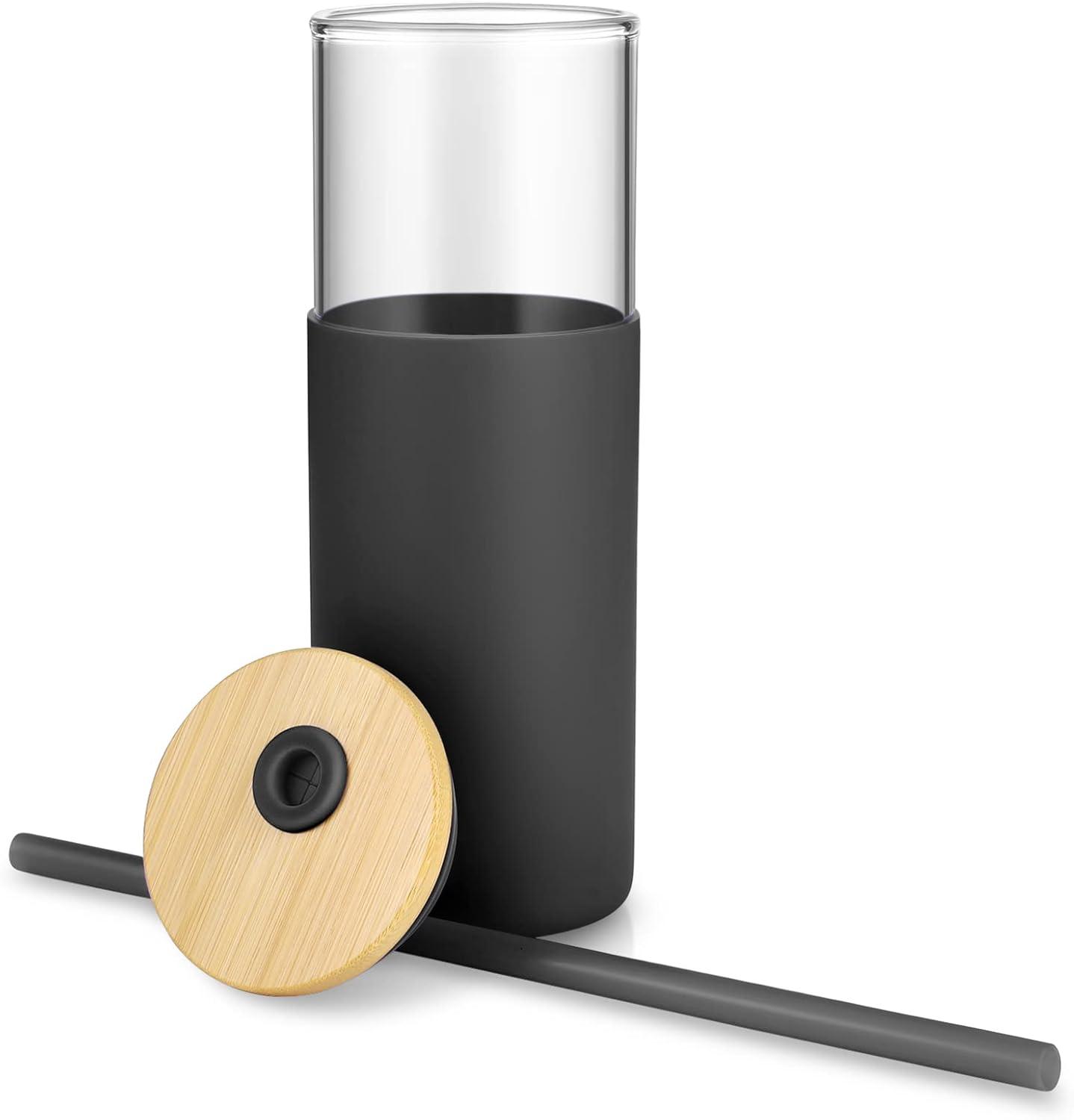 imageTronco 16 oz Glass Tumbler with Straw and Bamboo Lid Iced Coffee Cup Reusable Smoothie Cups Tumbler with Silicone Protective Sleeve  BPA FreeBlack