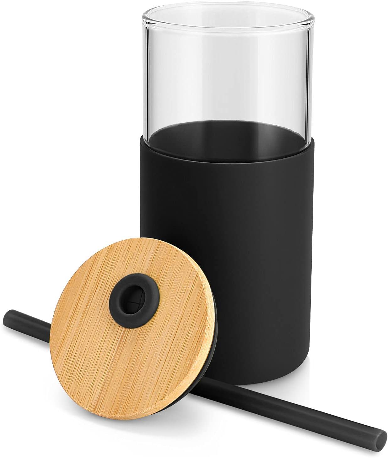 imageTronco 16 oz Glass Tumbler with Straw and Bamboo Lid Iced Coffee Cup Reusable Smoothie Cups Tumbler with Silicone Protective Sleeve  BPA FreeBlack