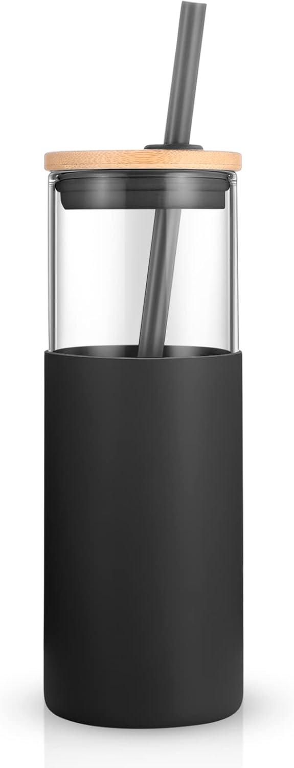 imageTronco 16 oz Glass Tumbler with Straw and Bamboo Lid Iced Coffee Cup Reusable Smoothie Cups Tumbler with Silicone Protective Sleeve  BPA FreeBlack