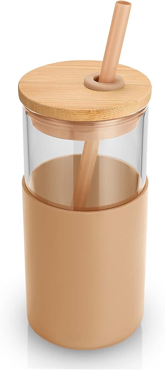 imageTronco 16 oz Glass Tumbler with Straw and Bamboo Lid Iced Coffee Cup Reusable Smoothie Cups Tumbler with Silicone Protective Sleeve  BPA FreeBlack Amber2 Pack