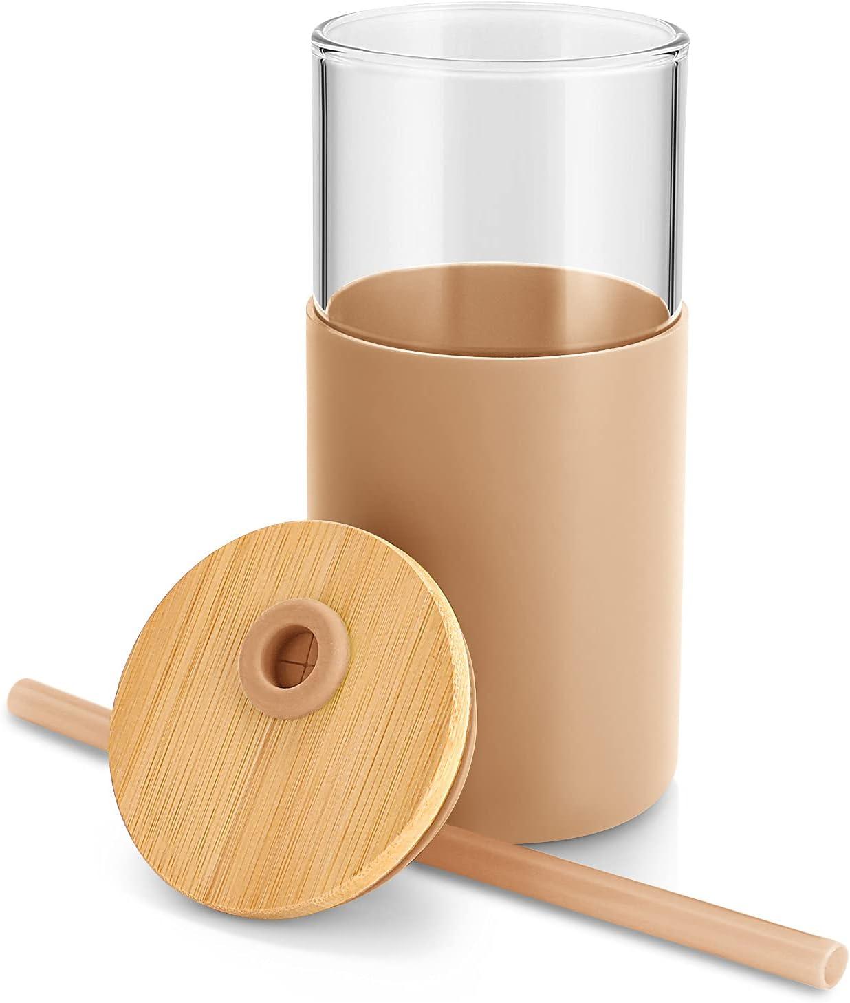 imageTronco 16 oz Glass Tumbler with Straw and Bamboo Lid Iced Coffee Cup Reusable Smoothie Cups Tumbler with Silicone Protective Sleeve  BPA FreeBlack Amber2 Pack