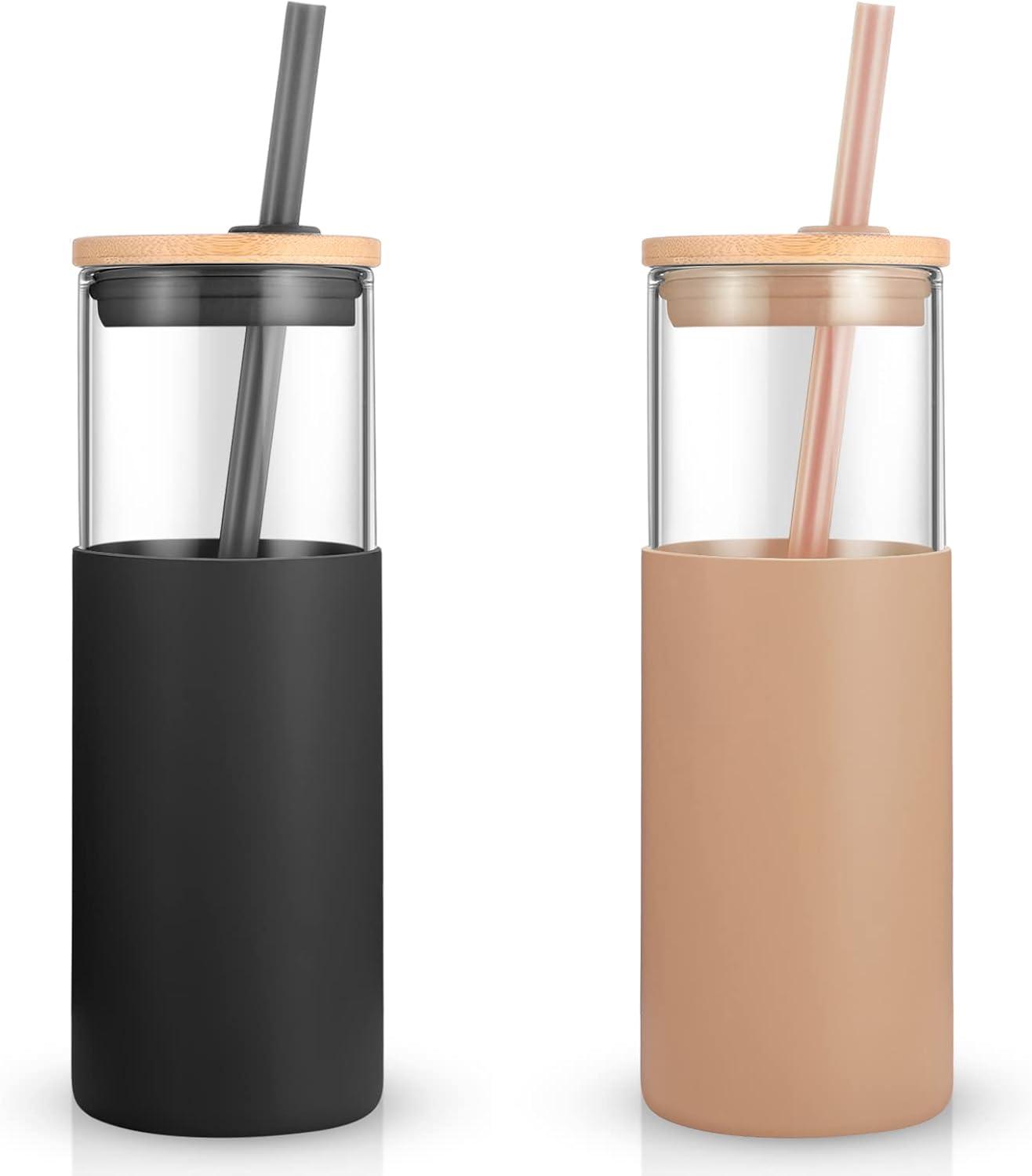 imageTronco 16 oz Glass Tumbler with Straw and Bamboo Lid Iced Coffee Cup Reusable Smoothie Cups Tumbler with Silicone Protective Sleeve  BPA FreeBlack Amber2 Pack