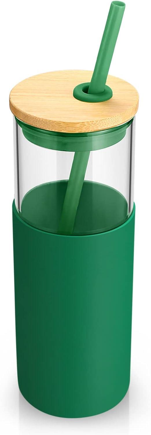 imageTronco 16 oz Glass Tumbler with Straw and Bamboo Lid Iced Coffee Cup Reusable Smoothie Cups Tumbler with Silicone Protective Sleeve  BPA FreeBlackish Green