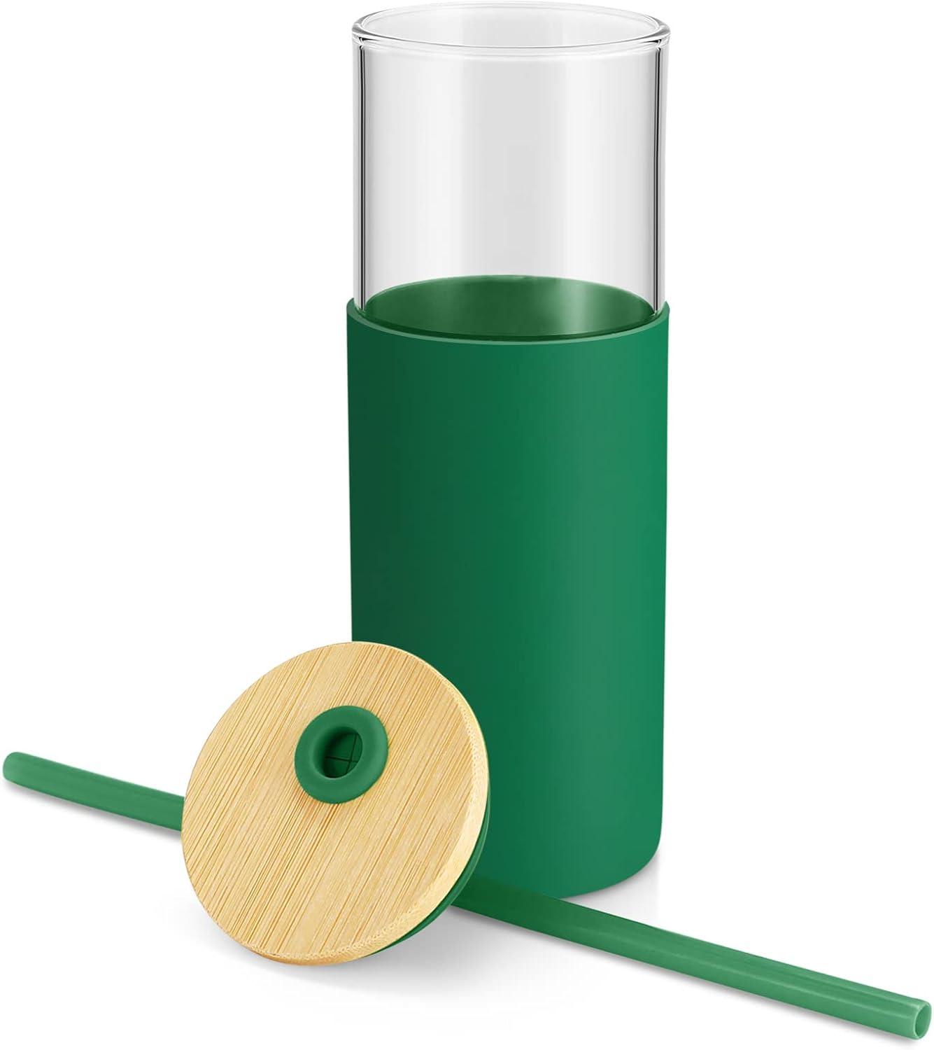 imageTronco 16 oz Glass Tumbler with Straw and Bamboo Lid Iced Coffee Cup Reusable Smoothie Cups Tumbler with Silicone Protective Sleeve  BPA FreeBlackish Green