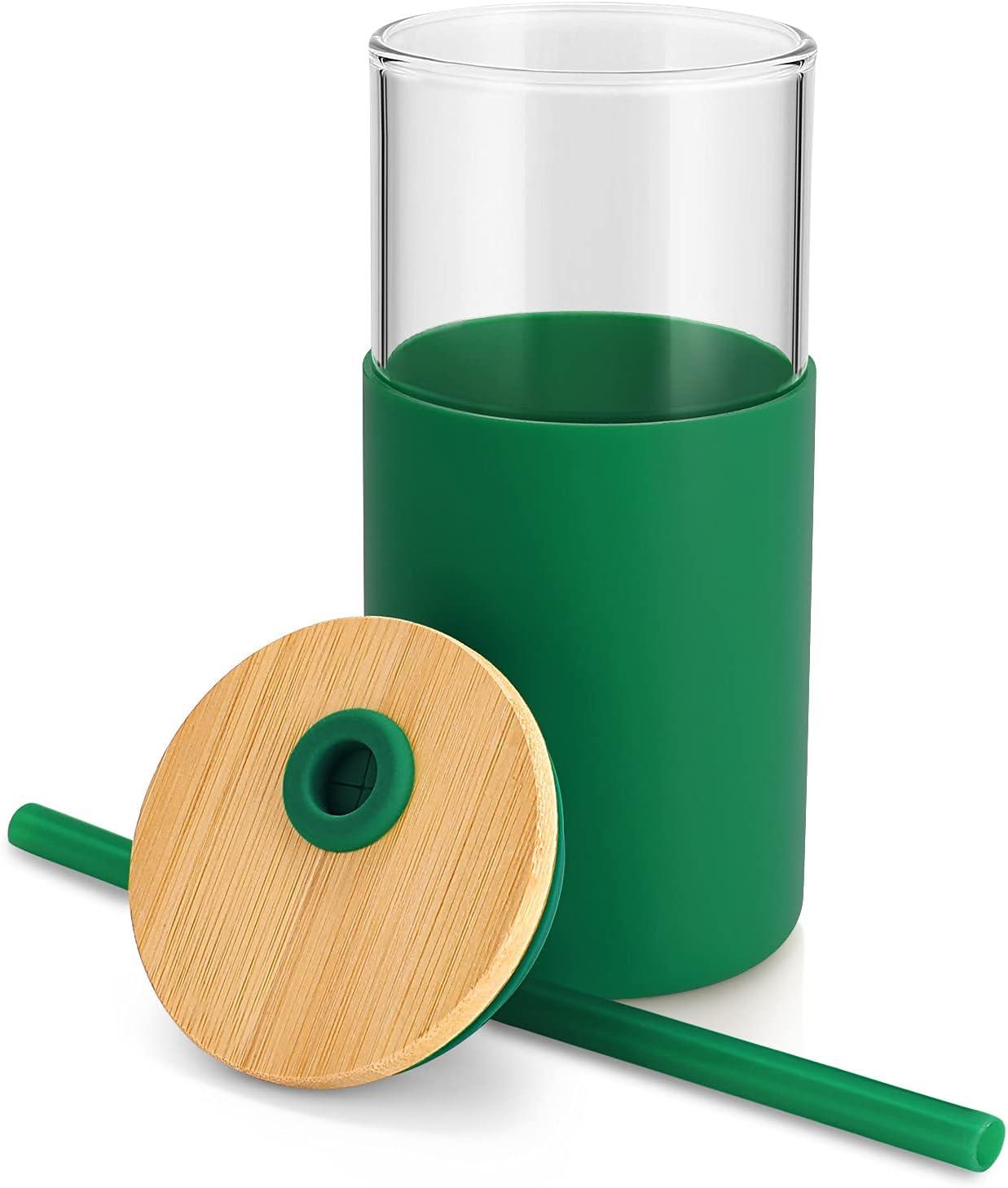 imageTronco 16 oz Glass Tumbler with Straw and Bamboo Lid Iced Coffee Cup Reusable Smoothie Cups Tumbler with Silicone Protective Sleeve  BPA FreeBlackish Green