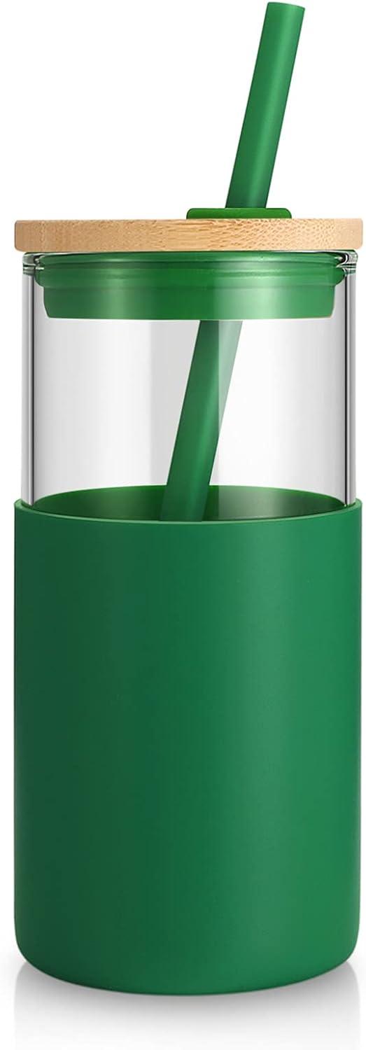 imageTronco 16 oz Glass Tumbler with Straw and Bamboo Lid Iced Coffee Cup Reusable Smoothie Cups Tumbler with Silicone Protective Sleeve  BPA FreeBlackish Green