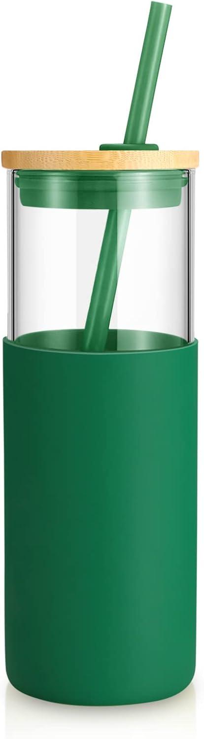imageTronco 16 oz Glass Tumbler with Straw and Bamboo Lid Iced Coffee Cup Reusable Smoothie Cups Tumbler with Silicone Protective Sleeve  BPA FreeBlackish Green