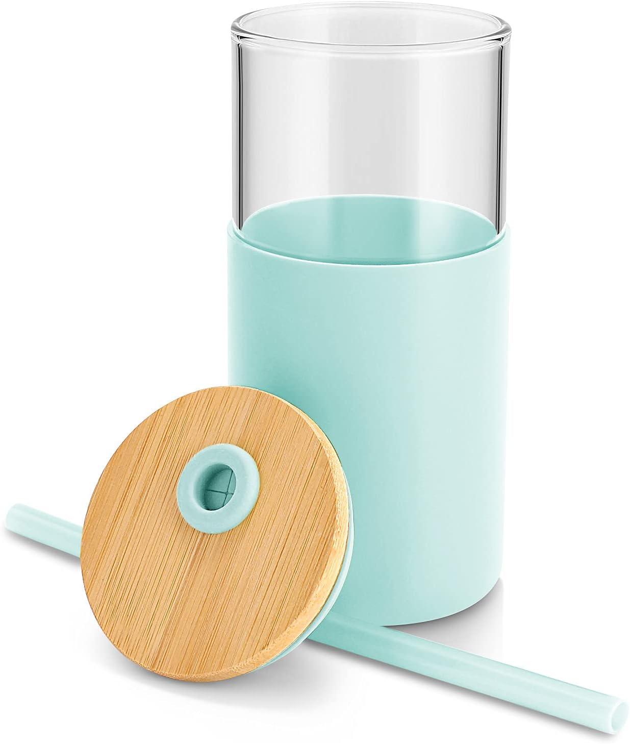 imageTronco 16 oz Glass Tumbler with Straw and Bamboo Lid Iced Coffee Cup Reusable Smoothie Cups Tumbler with Silicone Protective Sleeve  BPA FreeBlessed Blue