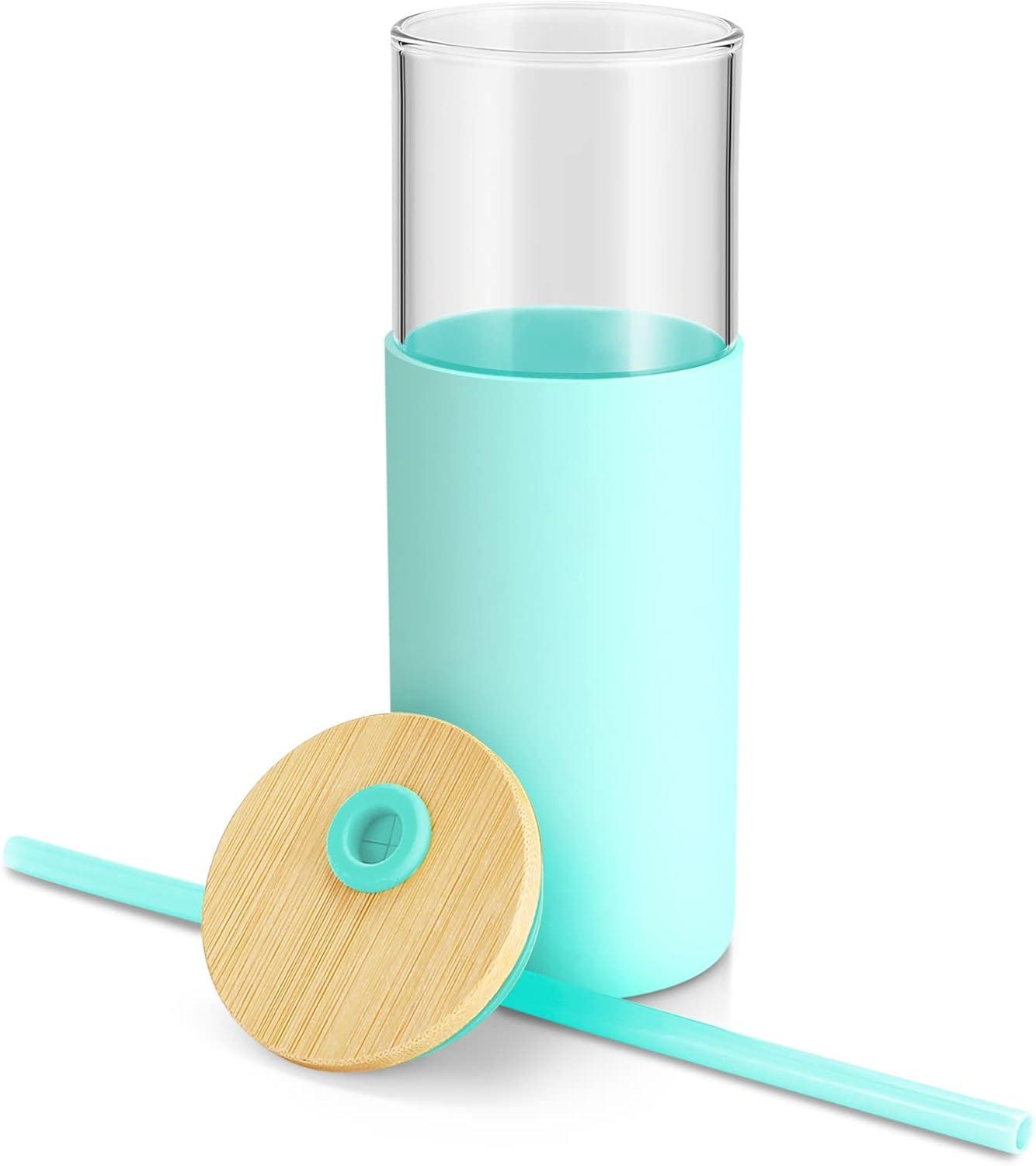 imageTronco 16 oz Glass Tumbler with Straw and Bamboo Lid Iced Coffee Cup Reusable Smoothie Cups Tumbler with Silicone Protective Sleeve  BPA FreeBlessed Blue