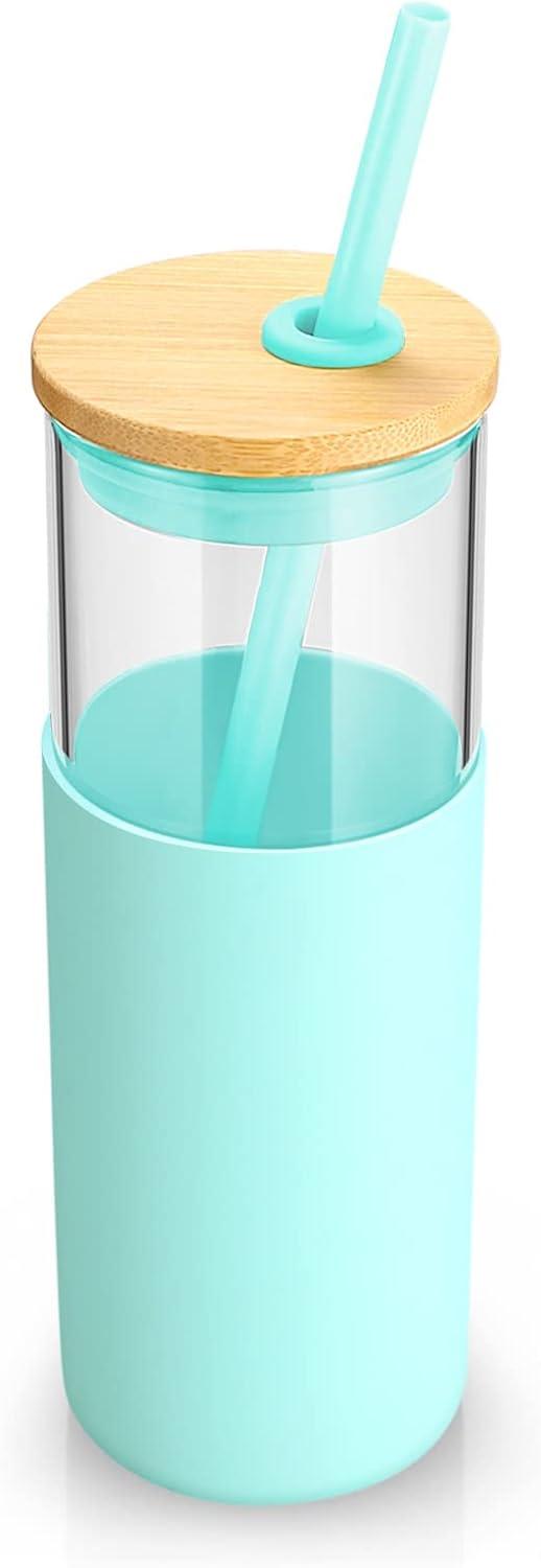 imageTronco 16 oz Glass Tumbler with Straw and Bamboo Lid Iced Coffee Cup Reusable Smoothie Cups Tumbler with Silicone Protective Sleeve  BPA FreeBlessed Blue