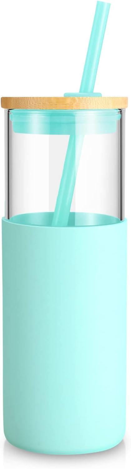 imageTronco 16 oz Glass Tumbler with Straw and Bamboo Lid Iced Coffee Cup Reusable Smoothie Cups Tumbler with Silicone Protective Sleeve  BPA FreeBlessed Blue