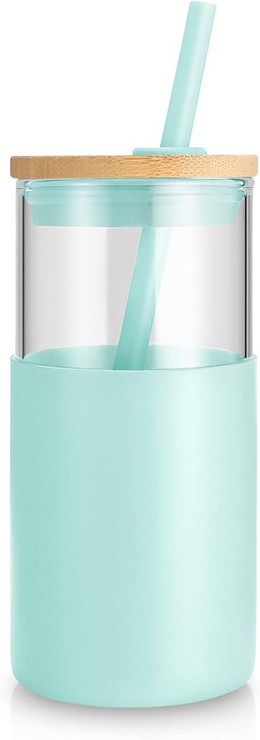 imageTronco 16 oz Glass Tumbler with Straw and Bamboo Lid Iced Coffee Cup Reusable Smoothie Cups Tumbler with Silicone Protective Sleeve  BPA FreeBlessed Blue