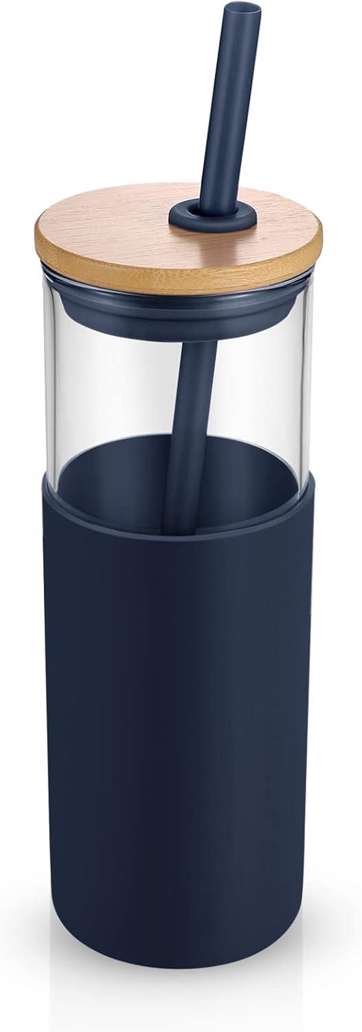 imageTronco 16 oz Glass Tumbler with Straw and Bamboo Lid Iced Coffee Cup Reusable Smoothie Cups Tumbler with Silicone Protective Sleeve  BPA FreeBlue Horizon