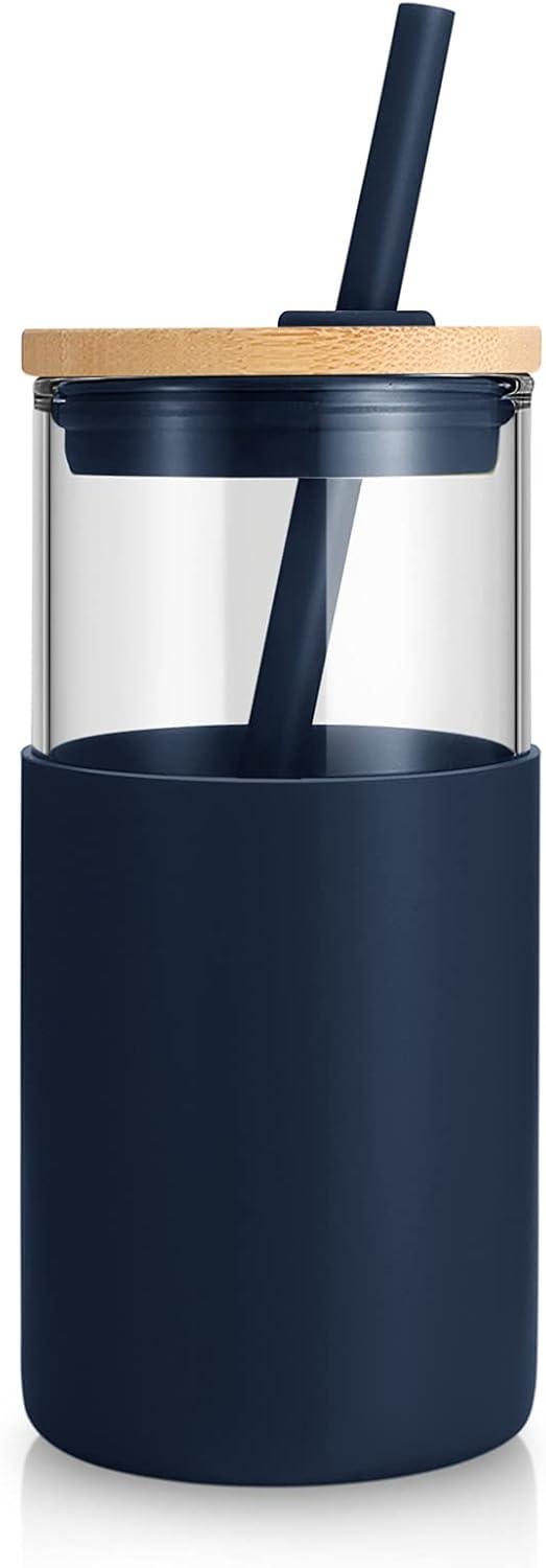 imageTronco 16 oz Glass Tumbler with Straw and Bamboo Lid Iced Coffee Cup Reusable Smoothie Cups Tumbler with Silicone Protective Sleeve  BPA FreeBlue Horizon