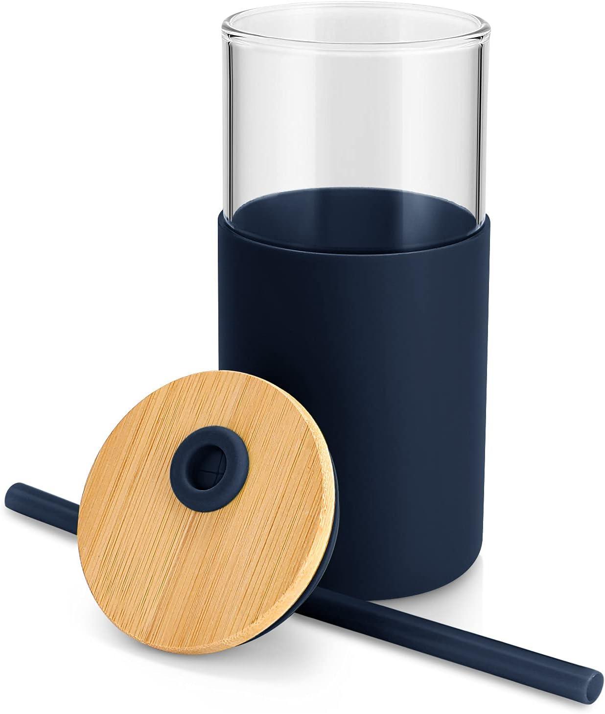 imageTronco 16 oz Glass Tumbler with Straw and Bamboo Lid Iced Coffee Cup Reusable Smoothie Cups Tumbler with Silicone Protective Sleeve  BPA FreeBlue Horizon