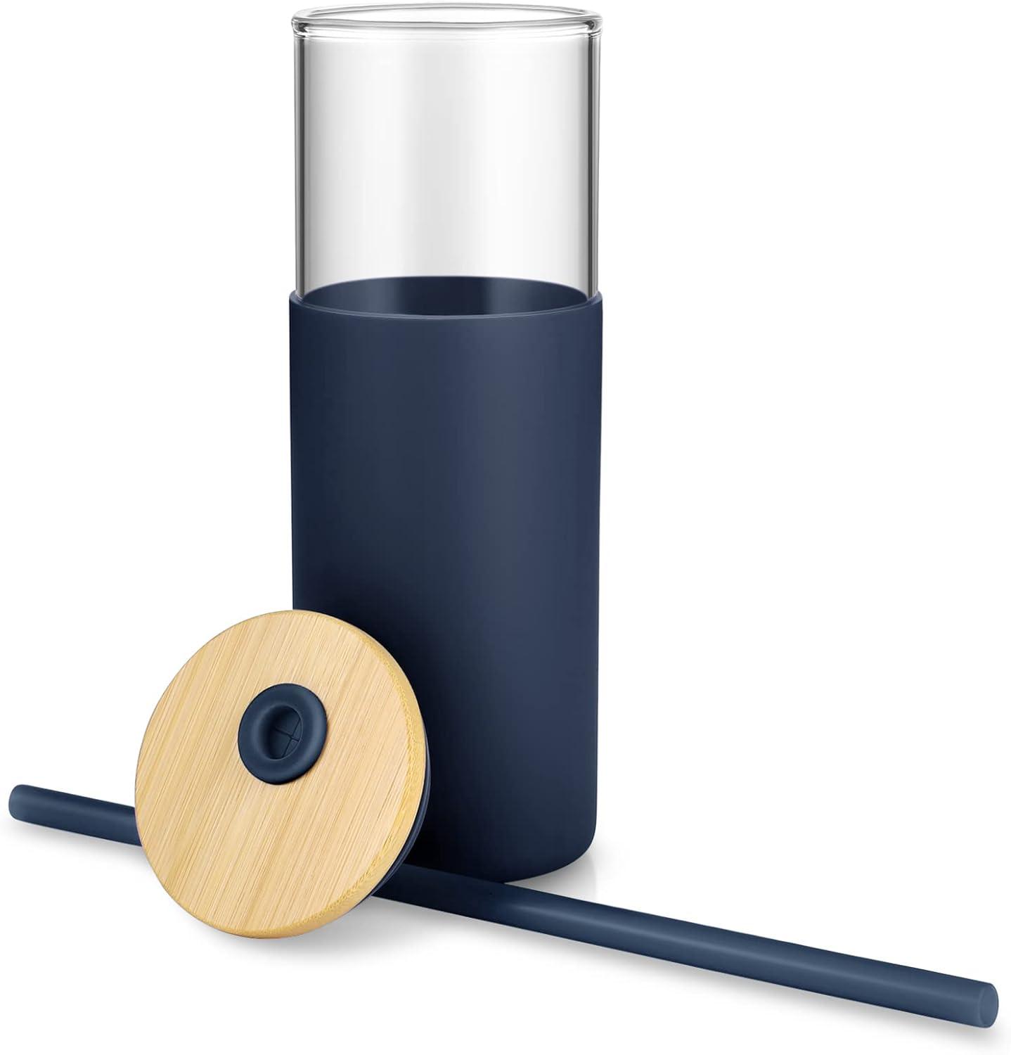 imageTronco 16 oz Glass Tumbler with Straw and Bamboo Lid Iced Coffee Cup Reusable Smoothie Cups Tumbler with Silicone Protective Sleeve  BPA FreeBlue Horizon